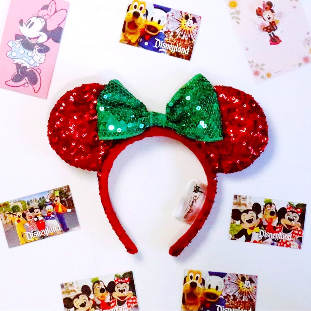 Minnie Mouse Ears Red Sequin with Green Sequin Bow